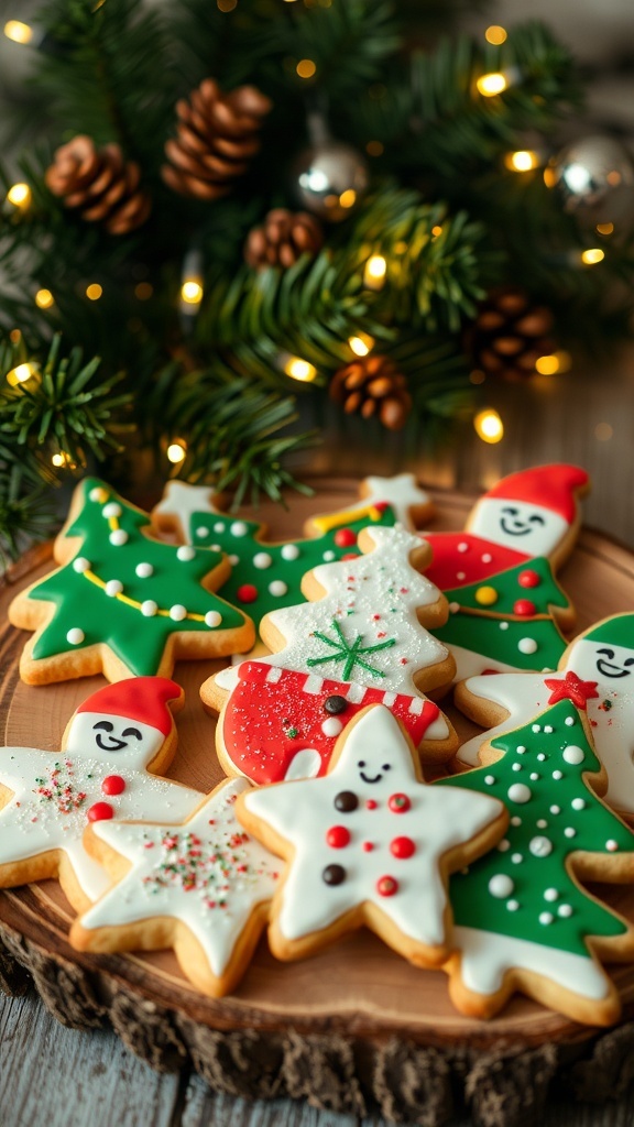 Christmas Aesthetic Icon Recipe A variety of decorated Christmas cookies shaped like festive icons on a wooden platter with fairy lights.